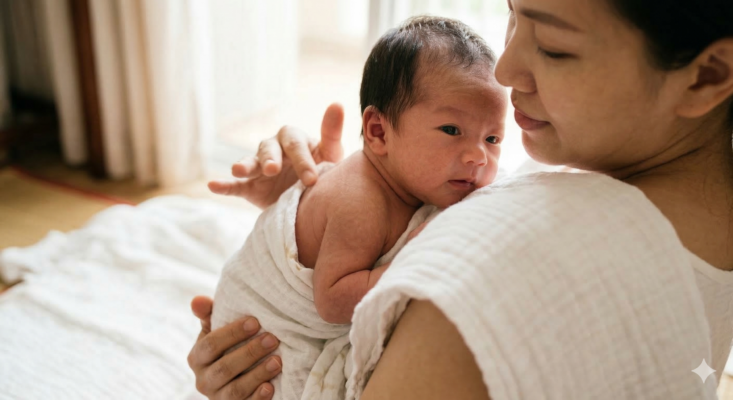 bế bé đứng thẳng khi ọc sữa