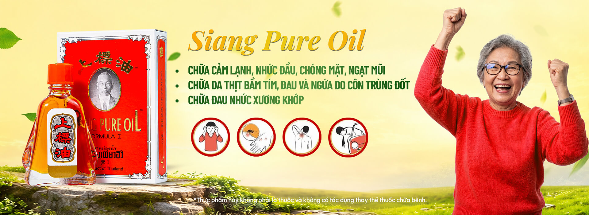 Banner dầu gió Siang Pure Oil hỗ trợ chữa cảm lạnh nhức đầu chóng mặt ngạt mũi và đau nhức xương khớp