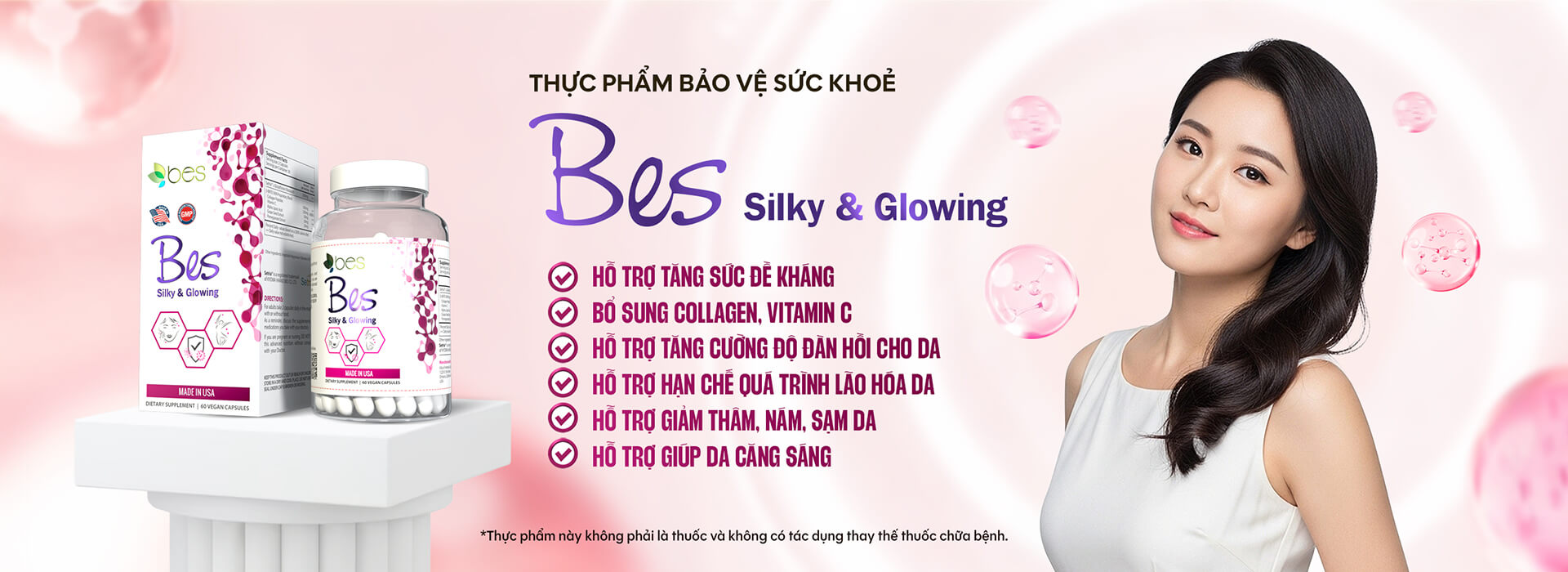 Banner thực phẩm bảo vệ sức khỏe Bes Silky & Glowing hỗ trợ làm đẹp da