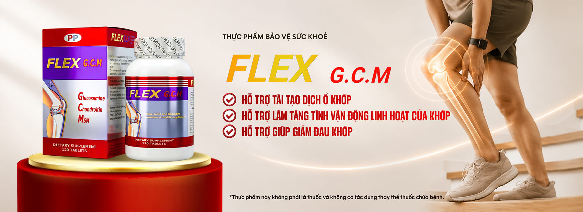 Banner thực phẩm bảo vệ sức khỏe Flex G.C.M hỗ trợ tái tạo dịch ổ khớp và giảm đau khớp