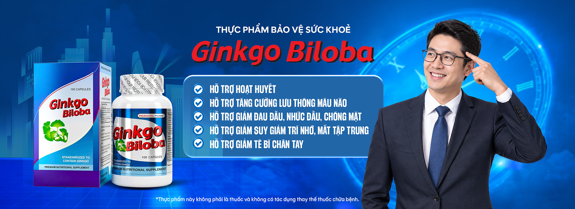 Banner thực phẩm bảo vệ sức khỏe Ginkgo Biloba hỗ trợ hoạt huyết và tăng cường lưu thông máu não