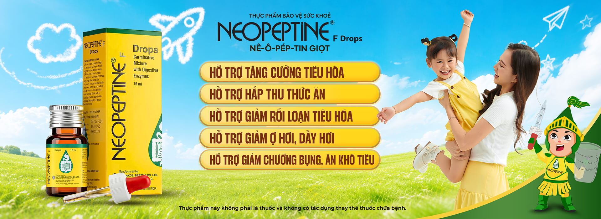 Banner thực phẩm bảo vệ sức khỏe Neopeptine F Drops dạng giọt hỗ trợ tăng cường tiêu hóa cho bé